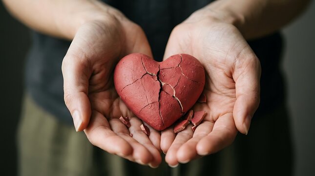 Close-up of human hands holding a cracked red heart symbol representing heartbreak, grief, emotional pain, and the process of healing