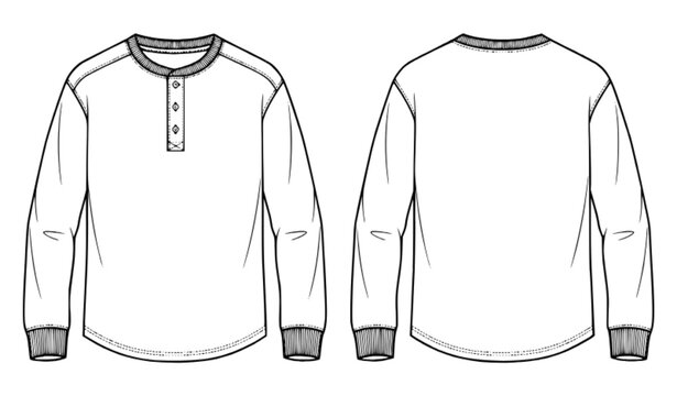 Men's Henley Long Sleeve Top Front and Back Technical Vector Sketch