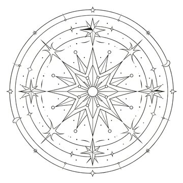 Black White Line Art Compass Mandala Geometric Stars Crescents Concentric Circles Symmetrical