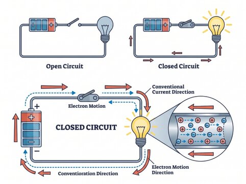 Electrical circuit physics diagram showing open and closed circuits with electron and current flow electrical electricity electron education technology engineering schematic positive negative