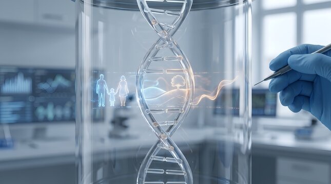 Precision medicine and genetic engineering concept showing a gloved hand using a tool on a DNA sequence