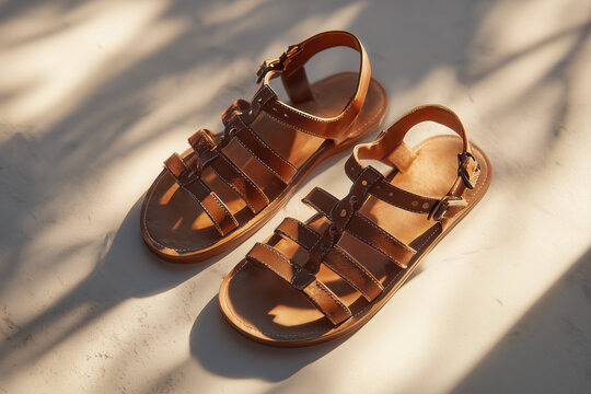 Pair of brown leather gladiator sandals on a light surface