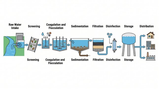 Water treatment plant process flow diagram showing filtration and purification steps with treatment purification filtration infrastructure industry sanitation sedimentation distribution