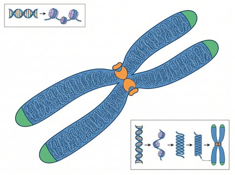 Chromosome structure diagram illustrating DNA packing and condensed genetic material with chromosome genetics molecule nucleotide condensation structure biological molecular centromere
