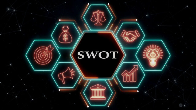 SWOT analysis concept with business icons like finance and strategy on network background.