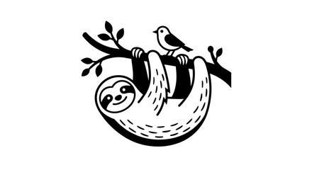 Obraz premium A minimalist black and white illustration of a cute sloth hanging from a tree branch with a small bird.