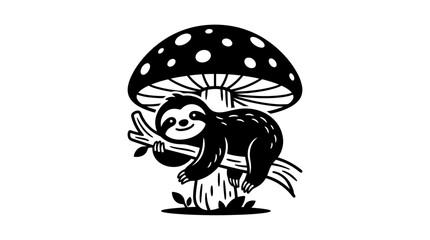 Obraz premium A cute sloth resting on a branch under a large spotted mushroom.