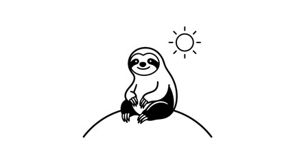 Obraz premium A minimalist black and white line art illustration of a cute sloth sitting on a hill under a sun.