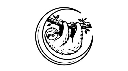 Obraz premium A black and white line art illustration of a cute sloth hanging from a crescent moon.
