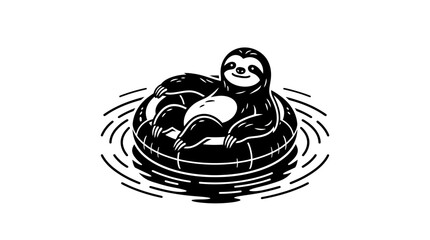 Obraz premium A black and white illustration of a cute sloth relaxing in a pool float.
