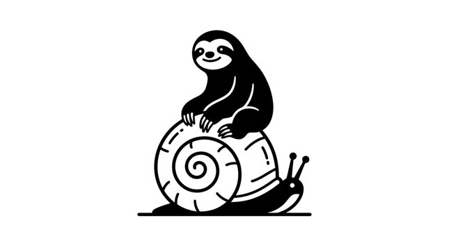 A whimsical black and white illustration of a cute sloth riding on a snail shell.