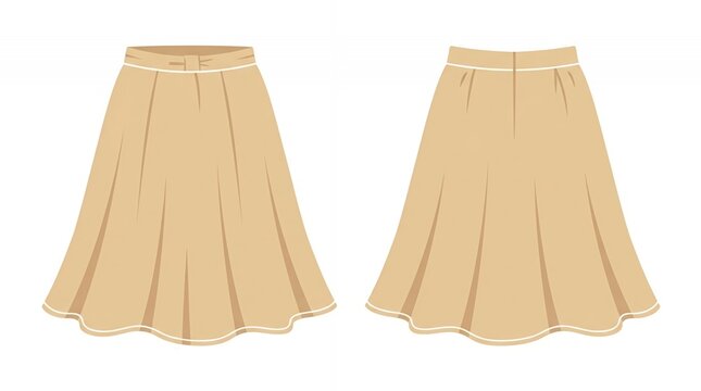 Fashion Illustration of a Classic Beige Pleated Midi Skirt Showing Front and Back Views for Apparel Design Template