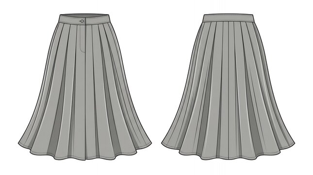 Technical Fashion Flat Sketch of Women Gray Pleated Midi Skirt for Apparel Design with Front and Back View