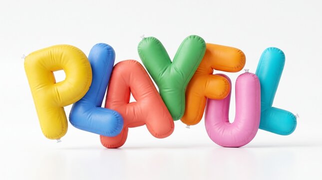 3D Play Inflatable Bubble Typography Text Effect Glossy Colorful Foil Balloon Letters Vector Illustration Banner Poster Social Media Post Graphic Element Isolated Light Blue Background Copy Space