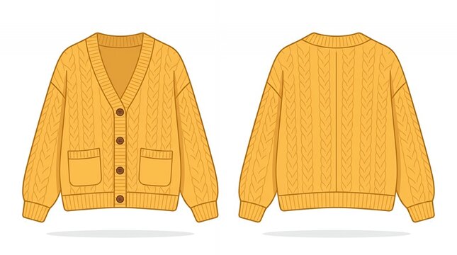 Women Yellow Cable Knit Button Cardigan Sweater Illustration Front and Back View Technical Fashion Sketch