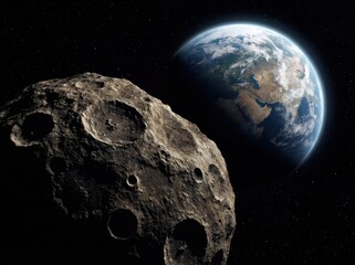 Large asteroid approaching earth in deep space, detailed rocky surface with craters, cinematic view of a nearearth object in orbit © KIBRIA