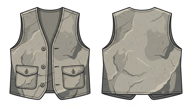 Men Outdoor Adventure Utility Vest Featuring Granite Stone Pattern Print Front and Back View Fashion Technical Mockup