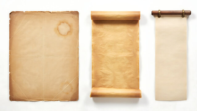 Set of vintage paper textures, old parchment sheets and scroll isolated on white background