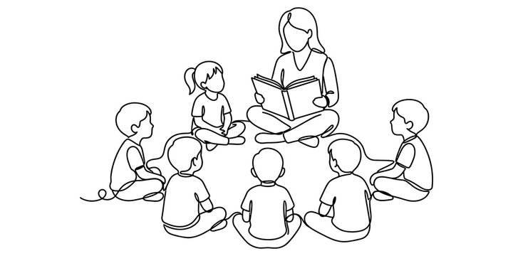 Continuous line drawing of a female teacher reading a storybook to a group of young children sitting in a circle in a classroom setting