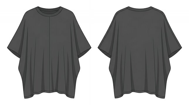 Oversized Dark Grey Batwing Sleeve Poncho Style T-shirt Technical Fashion Sketch Front and Back View Mockup Template