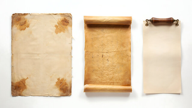 Set of vintage paper textures and antique scroll isolated on white background