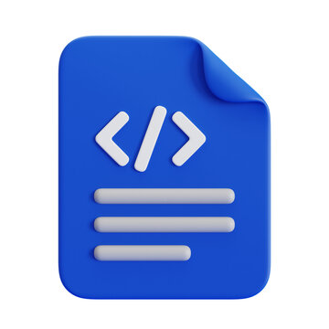 3D rendering of a blue document file with code symbols, script file concept