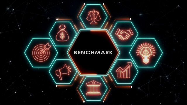 Neon hexagonal benchmark concept diagram with glowing red icons and network background.