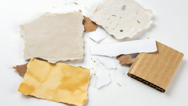 Collection of various torn paper pieces and cardboard scraps isolated on white background