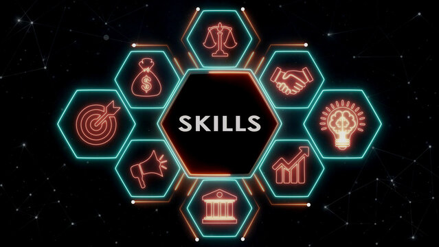 Central word skills in hexagon neon frame surrounded by business related icons.