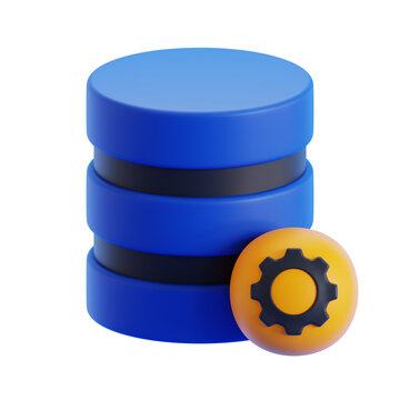 3D rendering of a database server stack with a yellow gear setting icon