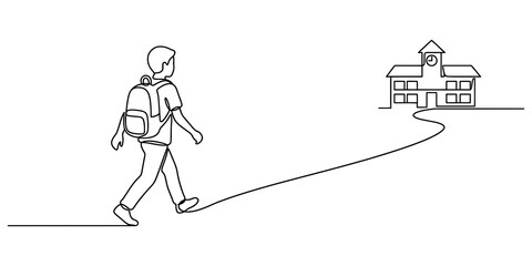 Fototapeta premium Continuous single line drawing of a school boy with a backpack walking to school building