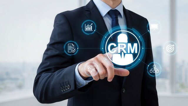 Professional businessman using an interactive digital interface to manage customer relationships and streamline business operations effectively