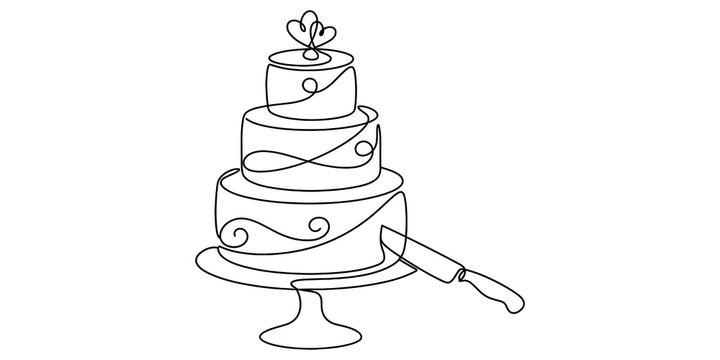 Continuous one line drawing of a three tier wedding cake with a knife on a stand