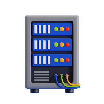 3D rendering of a grey server rack with blue lights and connected wires