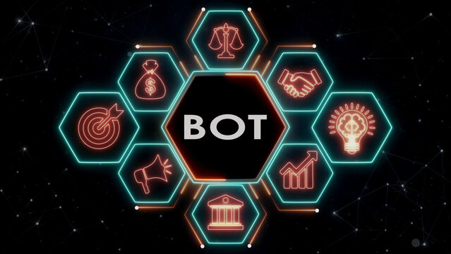 Central word bot in hexagon neon frame surrounded by business related icons.