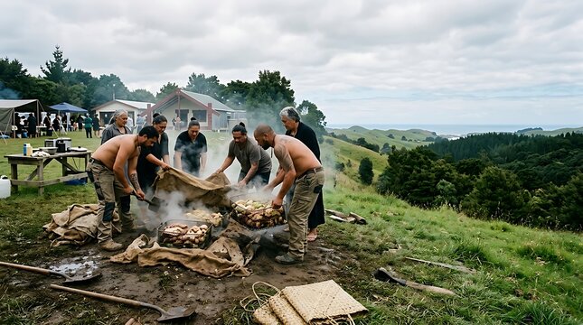 Traditional maori hangi cooking ceremony in new zealand