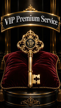 Golden key resting on red velvet cushion under sign reading "VIP Premium Service" with emblem "VIP"