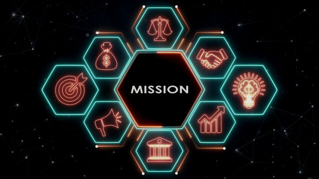 Central word mission in hexagon neon frame surrounded by business related icons.