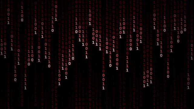 Red digital binary code raining down on dark background.