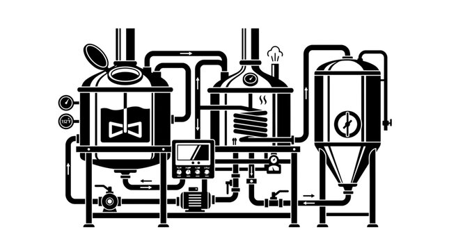 A black and white vector illustration of a professional industrial brewery system.