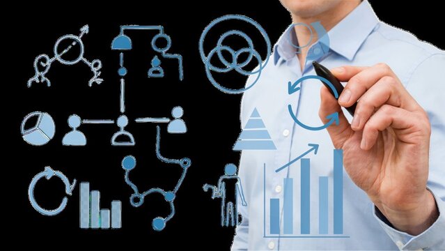Professional businessman drawing business growth strategy diagrams and complex data flow charts on a transparent digital glass board