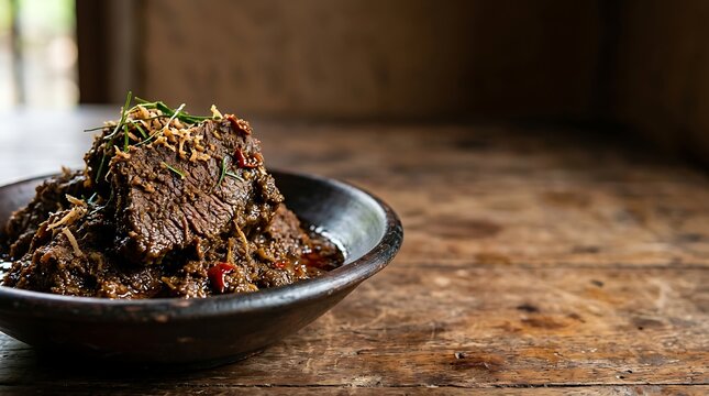Beef rendang stew served in a ceramic bowl on a rustic wooden table