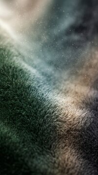 Abstract background of soft dark green and grey faux fur fabric texture.