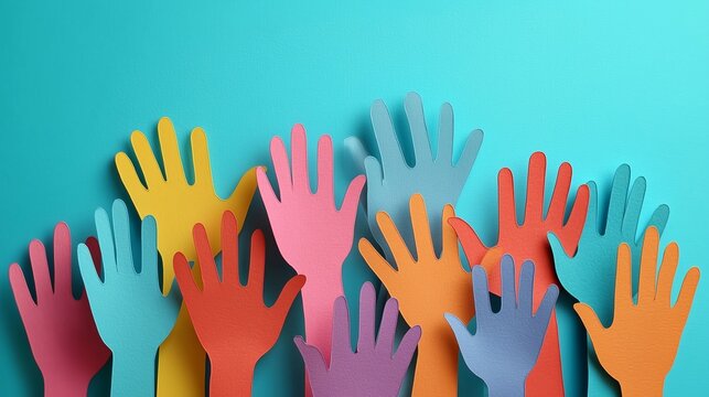 Colorful Paper Cutout Hands Raised Together on Turquoise Background