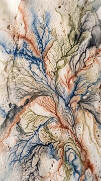 Abstract watercolor painting with fluid organic branching patterns and earthy tones.