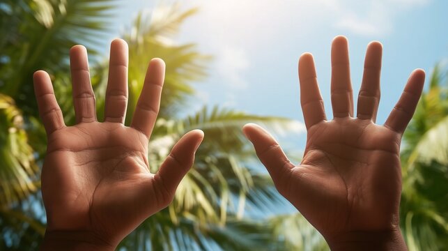 Two raised open hands against palm trees and sunny blue sky