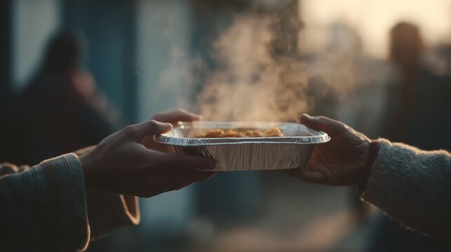 Two People Pass a Steaming Meal in an Aluminum Takeaway Tray