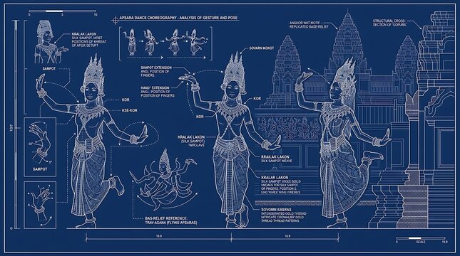 Blueprint analysis of traditional khmer apsara dance and temple