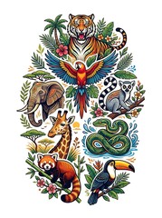 Naklejka premium Colorful tropical animals and wildlife illustration with exotic flora