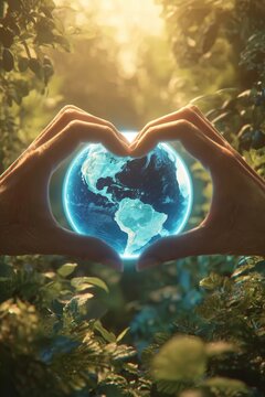 Hands Forming a Heart Around Glowing Earth in a Sunlit Forest